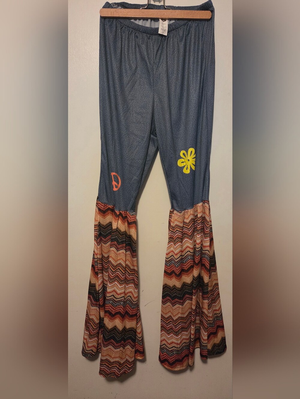 Boho Chevron Bell Bottom Pants with Flower & Peace Detail - Blue, Yellow, Coral - Picture 1 of 2